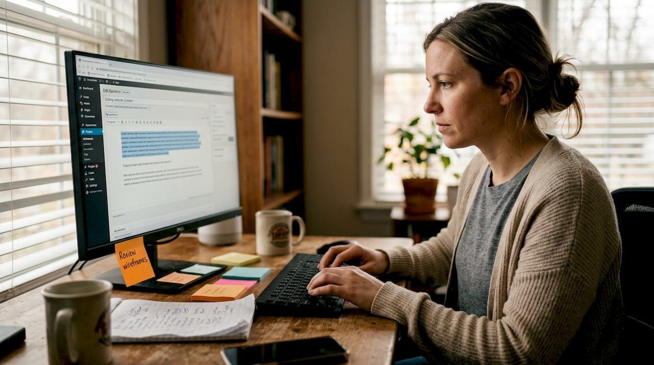 A person works at a computer in a sunlit home office, typing on a keyboard at a desk cluttered with notes and a mug.