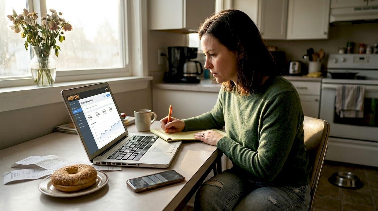 Person writing at a kitchen table beside an open laptop and donut, in a sunlit home kitchen