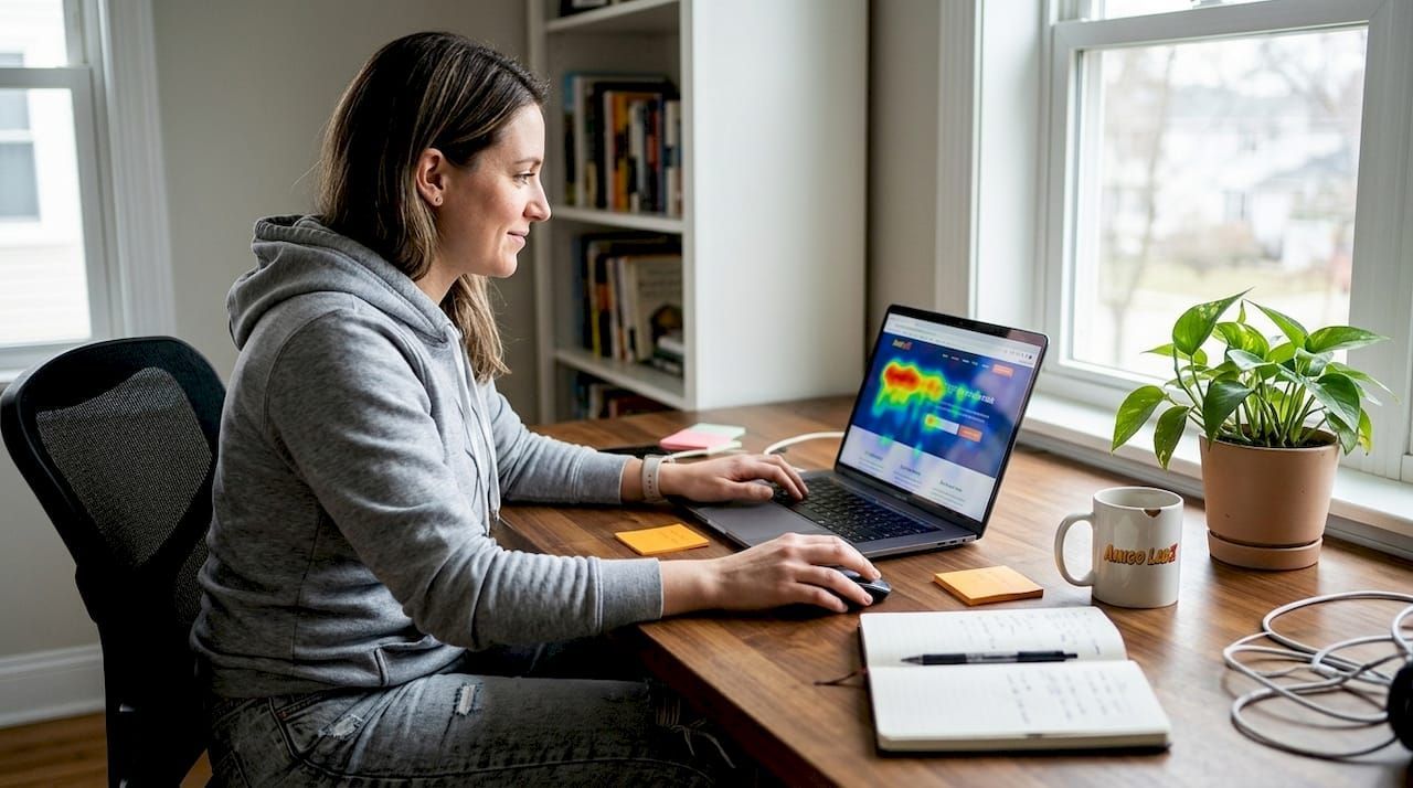 Person working on a laptop at a wooden desk in a bright home office, with a plant and notebook nearby