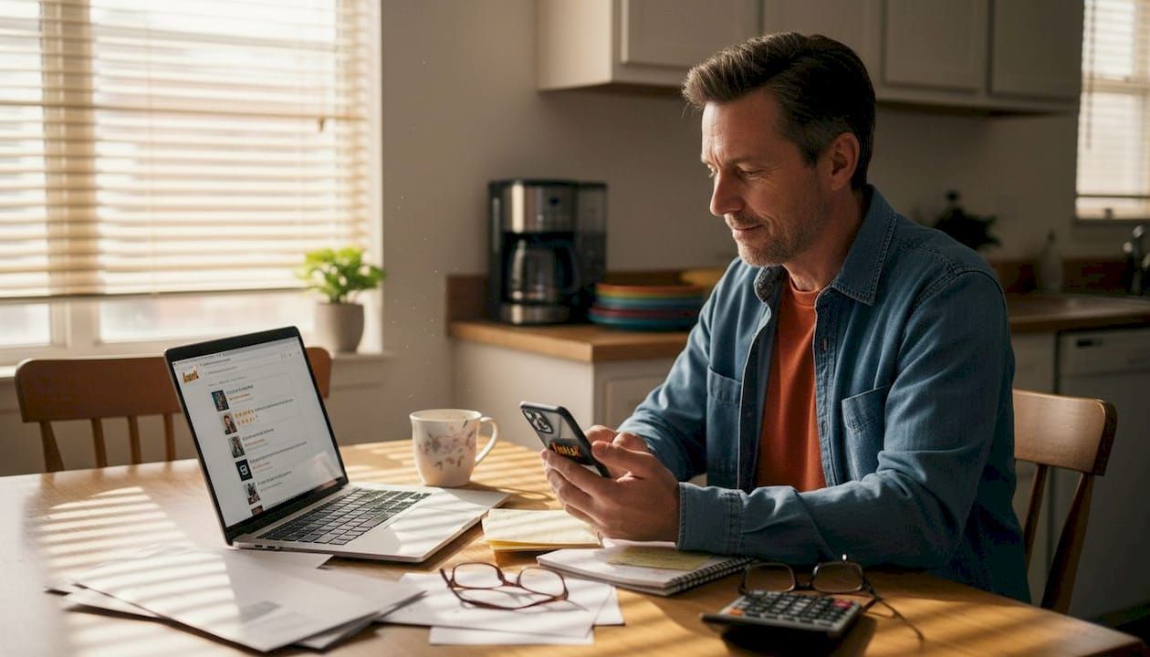Man in a kitchen using a smartphone beside an open laptop and coffee mug on a sunlit table