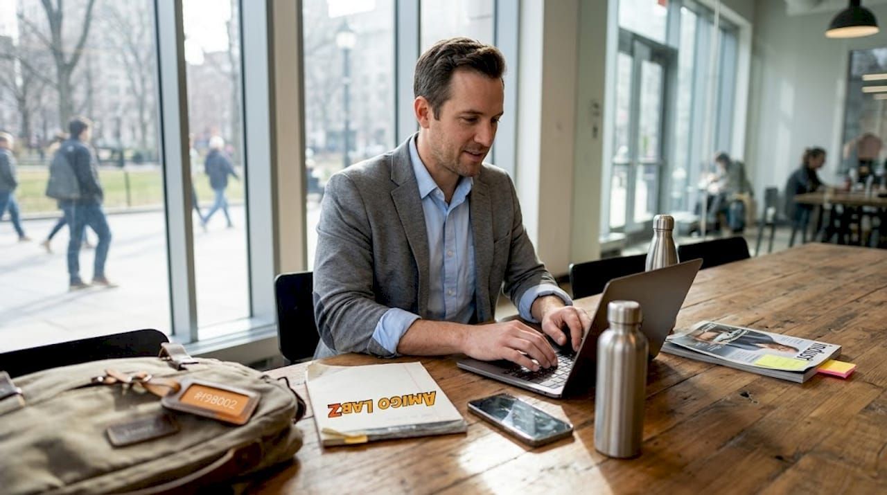 Man working on a laptop at a wooden table in a bright modern café, with a coffee cup and papers nearby