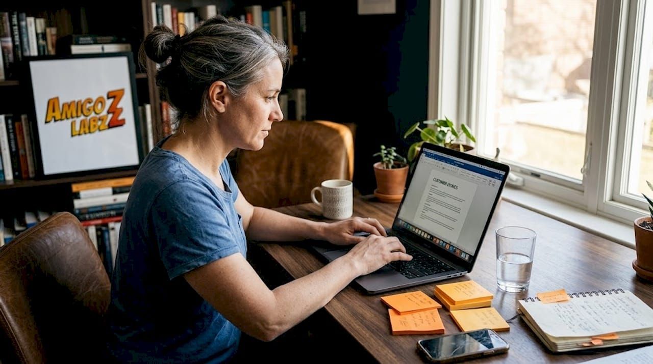 Person typing on a laptop at a sunlit desk with coffee, notebook, and window view of a garden.