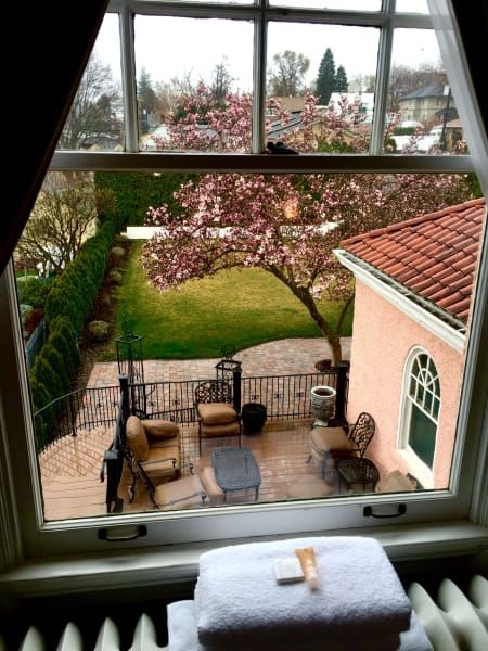 A window with a view of a patio and a house