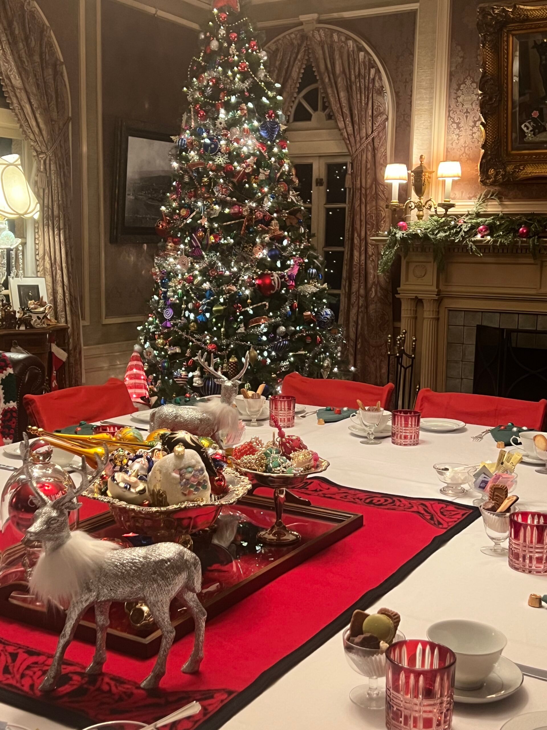 A dining room table with a christmas tree in the background.