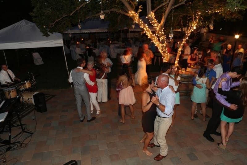 A large group of people are dancing at a wedding reception.
