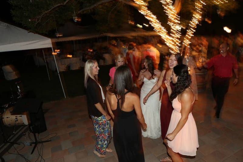 A group of women are dancing at a wedding reception