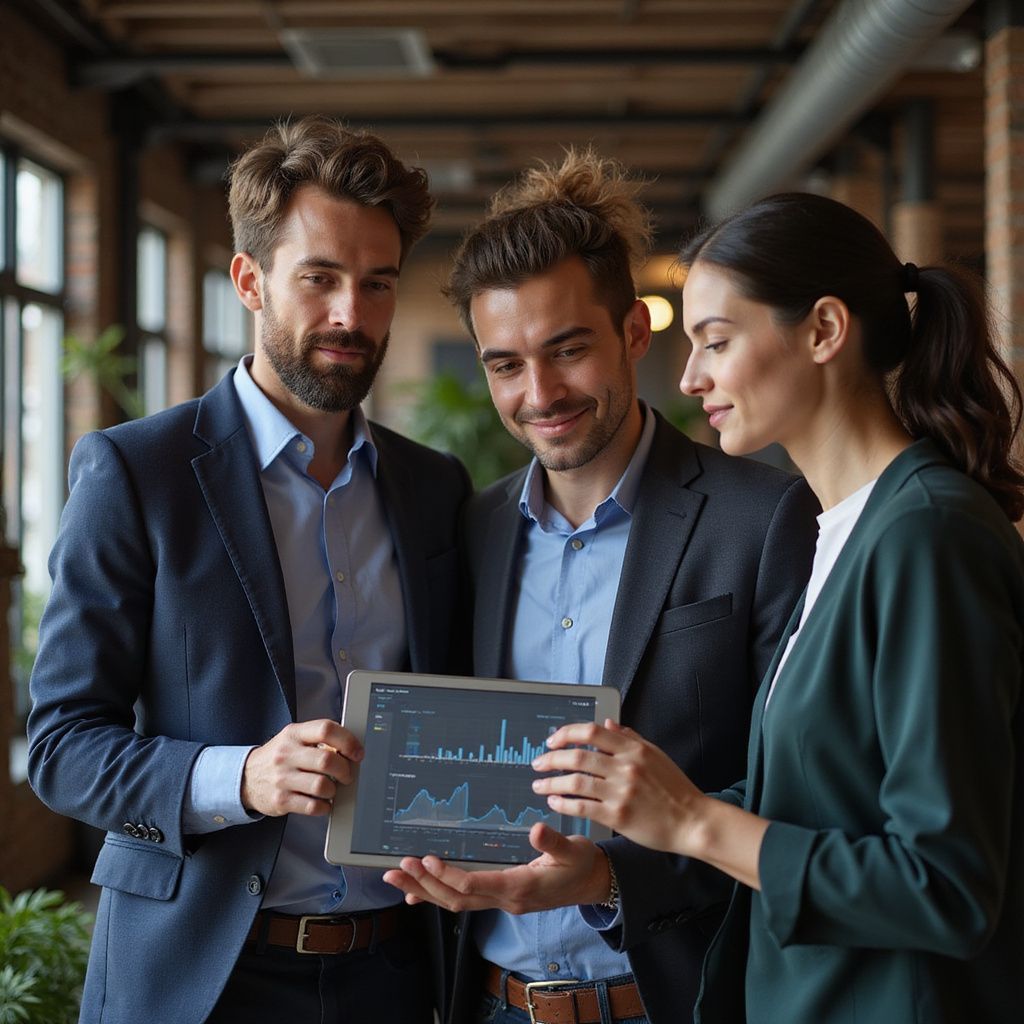 Three professionals review data on a tablet in an office.