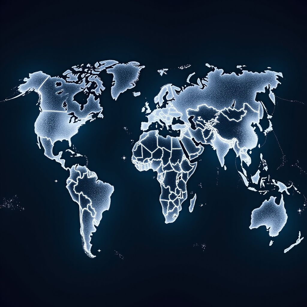 Glowing outline of a world map against a dark background, showing continents and countries.