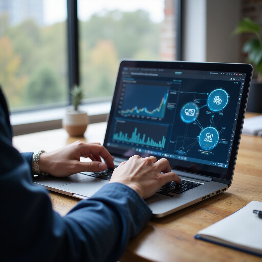 Person working on a laptop, examining data visualizations, sitting at a desk by a window with a notebook.