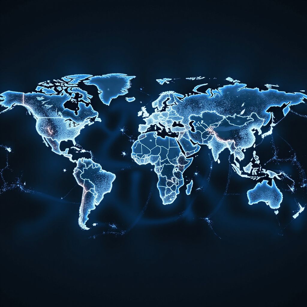 Blue glowing world map on a dark background, showing countries and connecting lines.