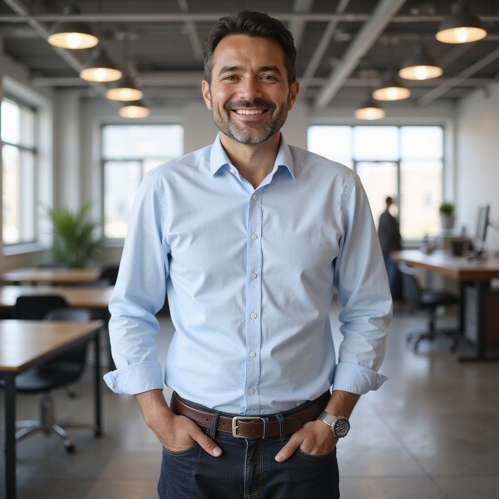 Man smiling, hands in pockets, in a modern office with desks and overhead lights.