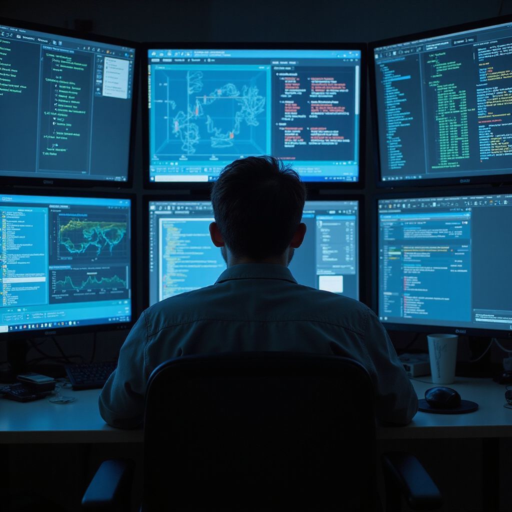 Person sits at desk, surrounded by six computer monitors displaying code and graphs. Blue and white screens.