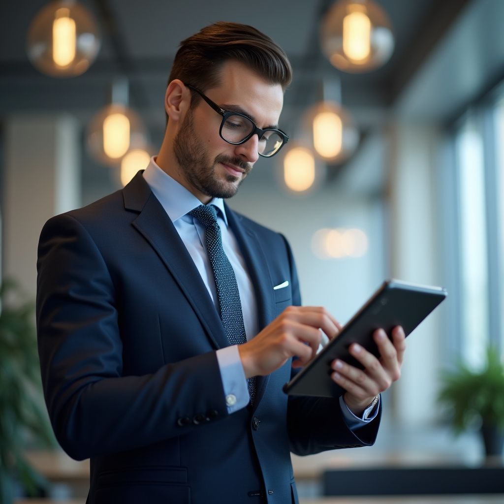 Man in suit and glasses using a tablet, standing in an office with window.