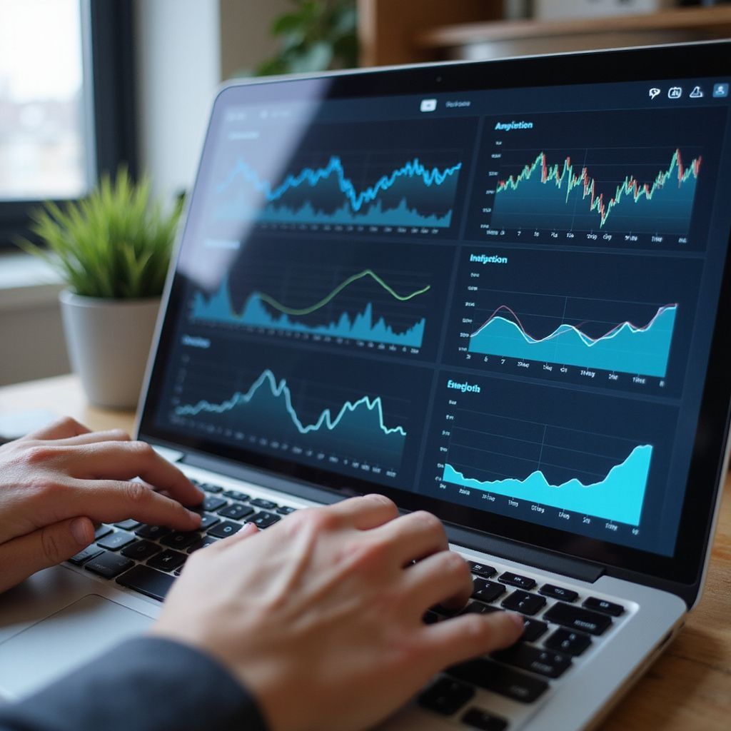 Person using laptop showing various financial graphs.