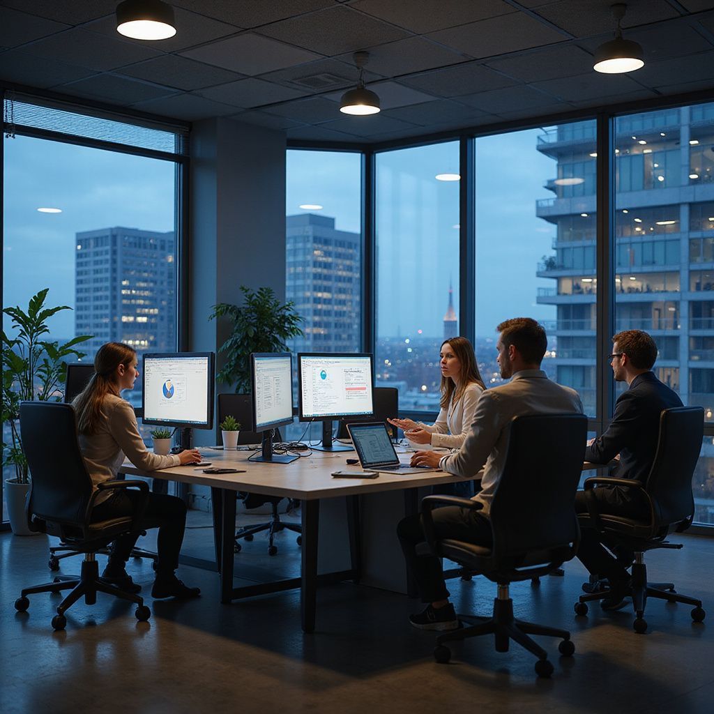 Office meeting around a table, evening. People looking at computer screens, city view outside windows.