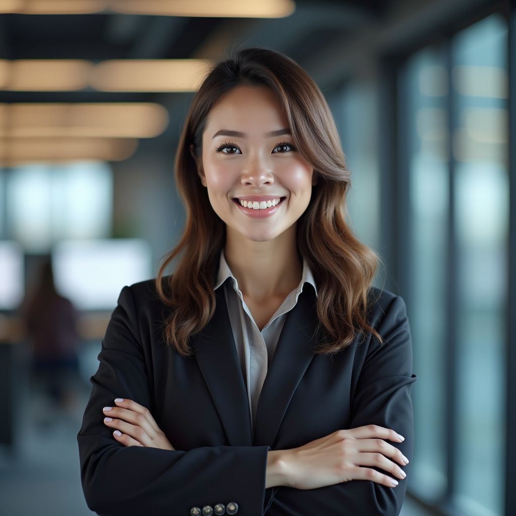 Woman in black blazer with arms crossed, smiling in an office setting.