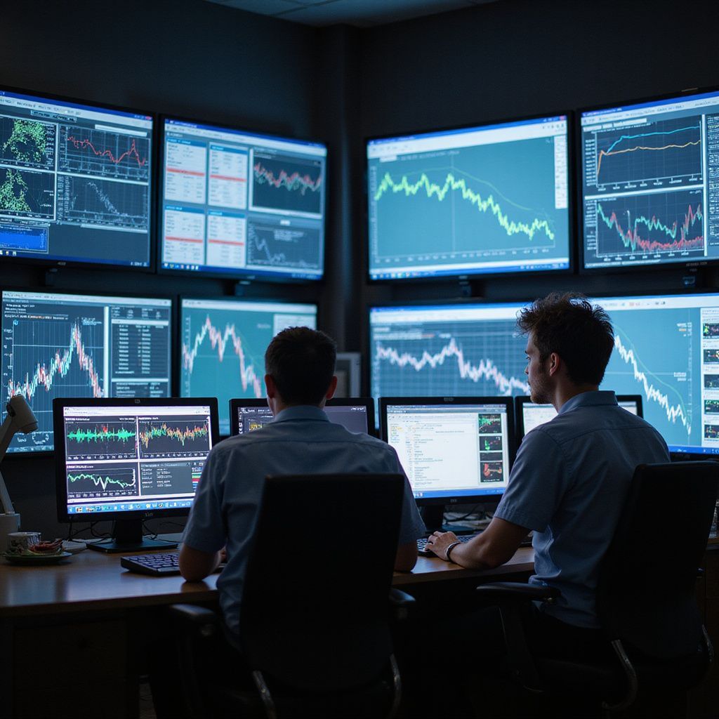 Two people monitor stock charts on multiple computer screens in a dark room.