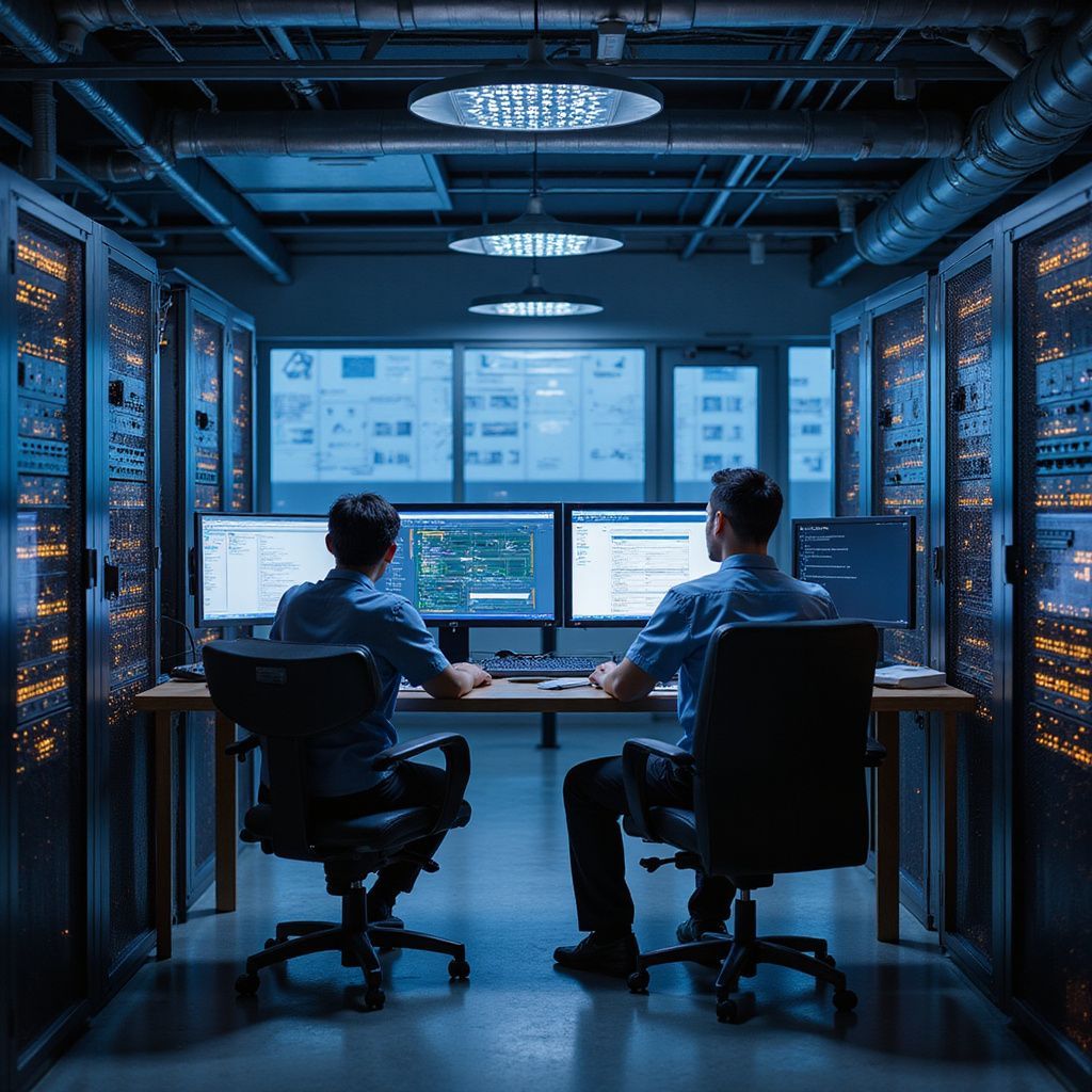 Two people working at computers in a server room, surrounded by racks of servers, under bright lights.