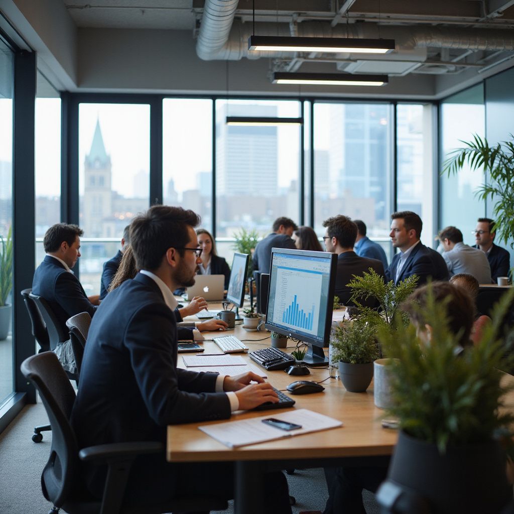 Office with people working at desks; windows with cityscape view.