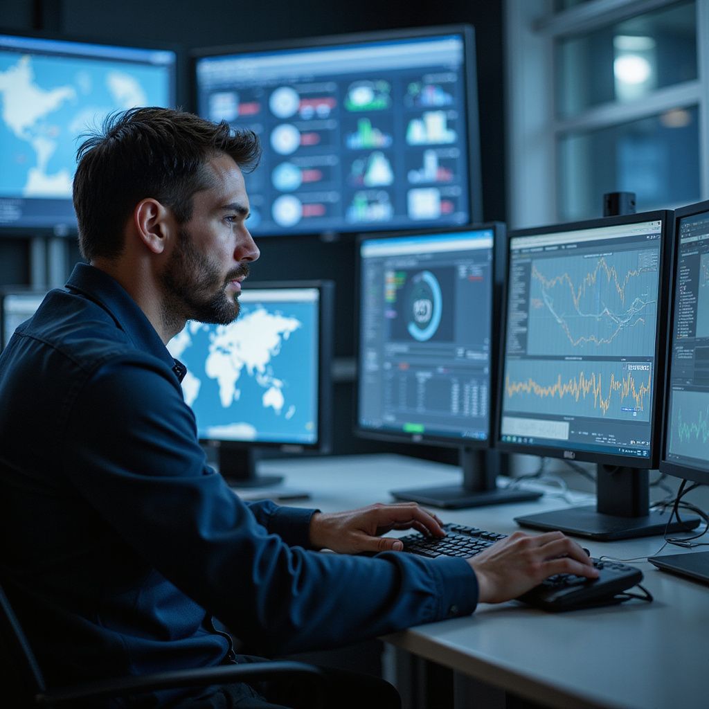 Man in dark shirt working at computer desk, surrounded by monitors displaying data visualizations.