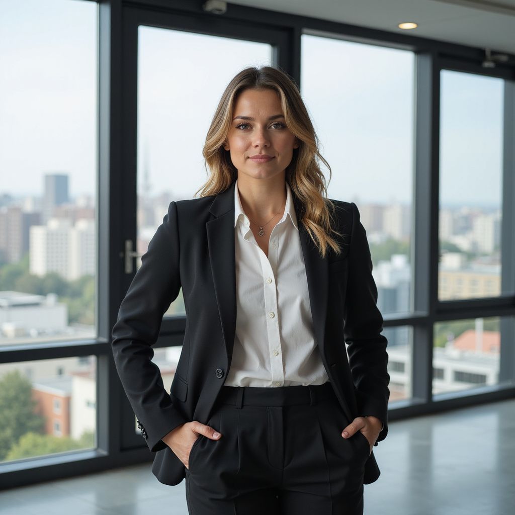 Woman in a black suit, white shirt, hands in pockets, standing in front of large windows with a city view.