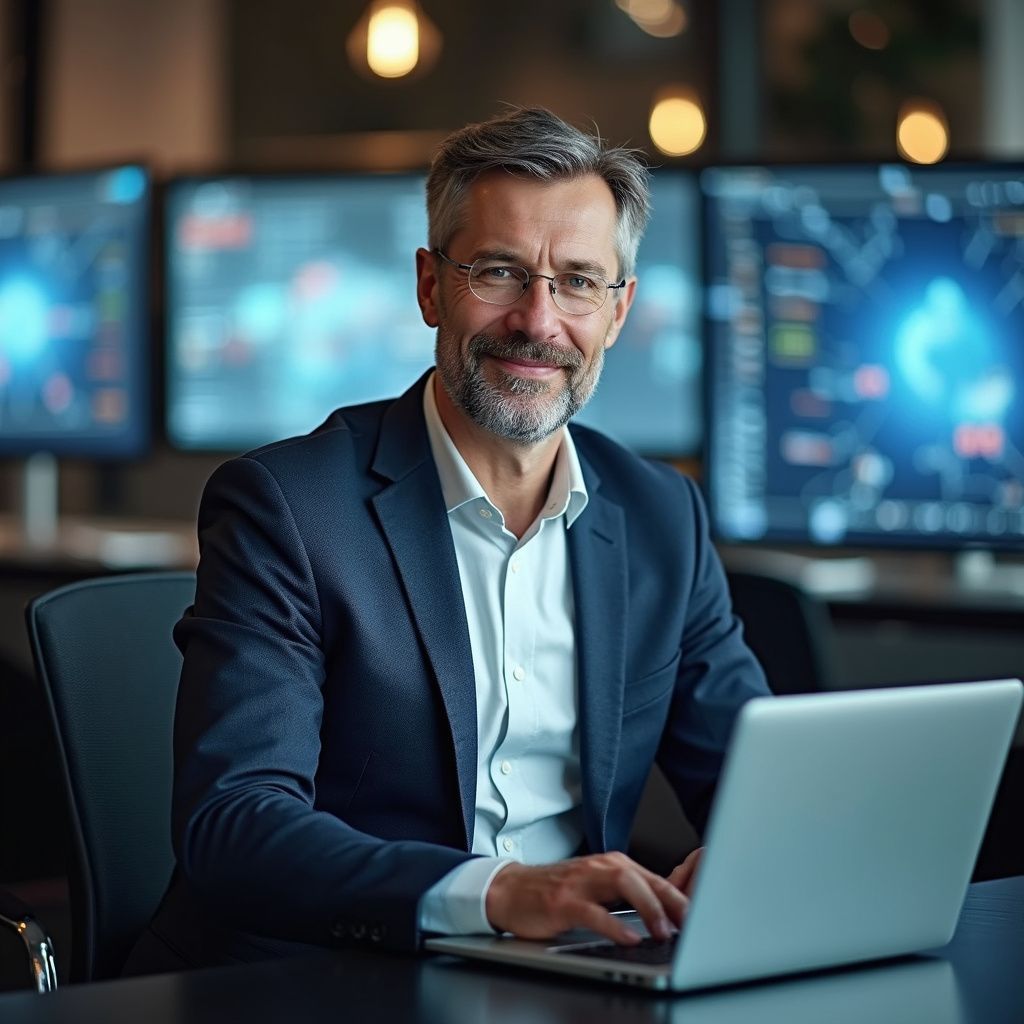 Man in suit smiles, typing on laptop in front of computer screens, office setting.