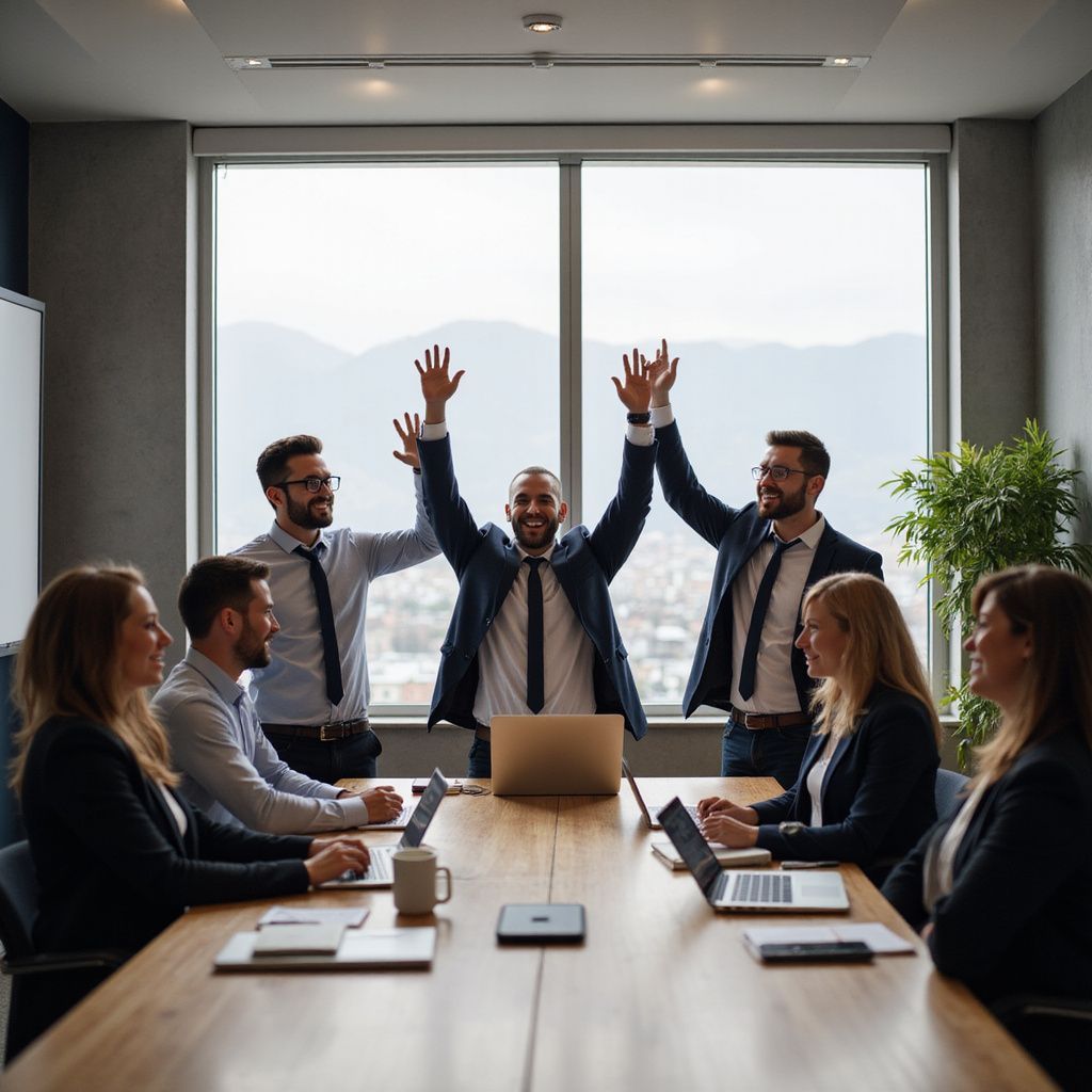 Business team celebrating success in a modern conference room with large windows, some raising arms.