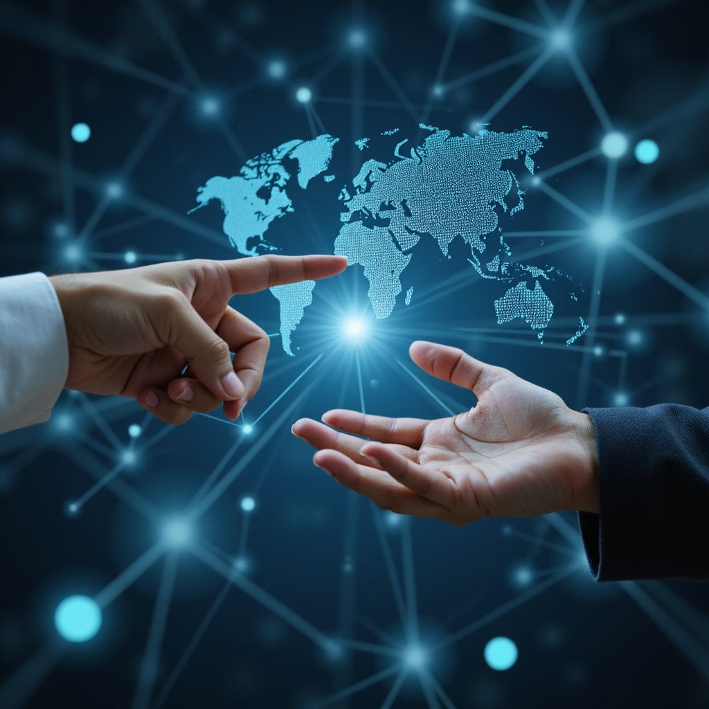 Hands pointing toward a digital world map, connected by a network of glowing lines and circles.