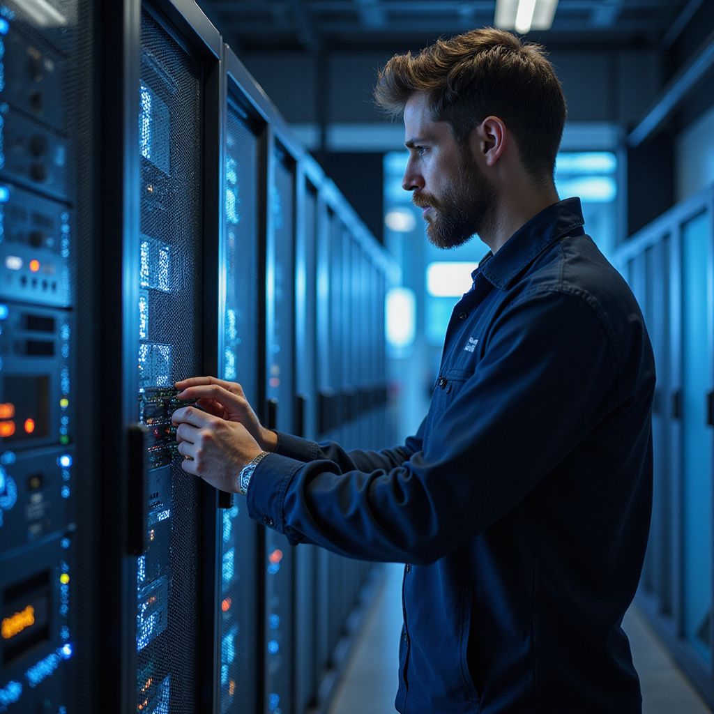 Man working in server room, inspecting equipment, wearing blue shirt.