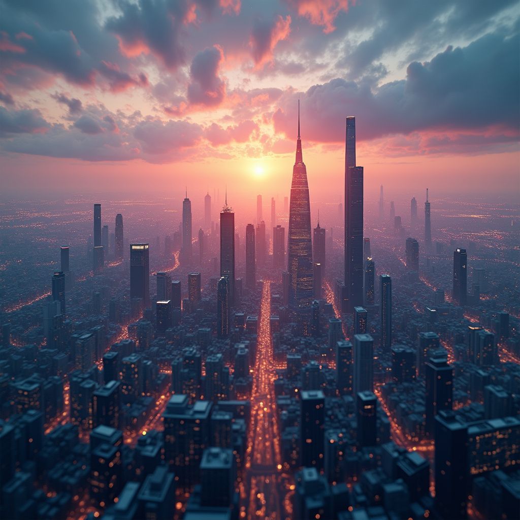 Sunset over a cityscape with tall skyscrapers and illuminated streets; warm pink hues in the sky.