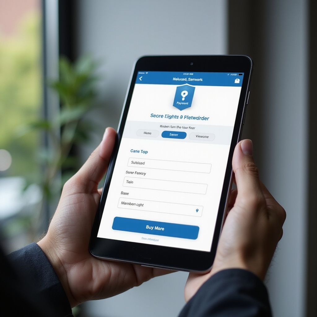 Person holding a tablet displaying a form to buy tickets and a 