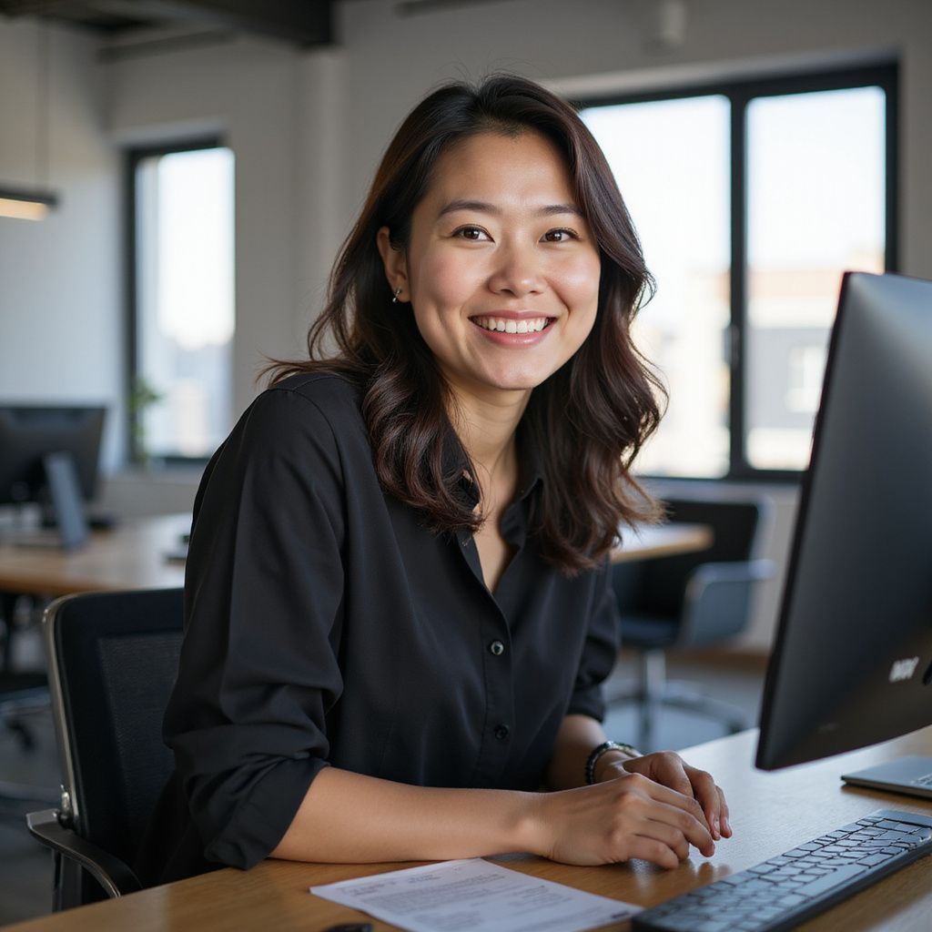 Woman with dark hair smiles while sitting at a desk with a computer.