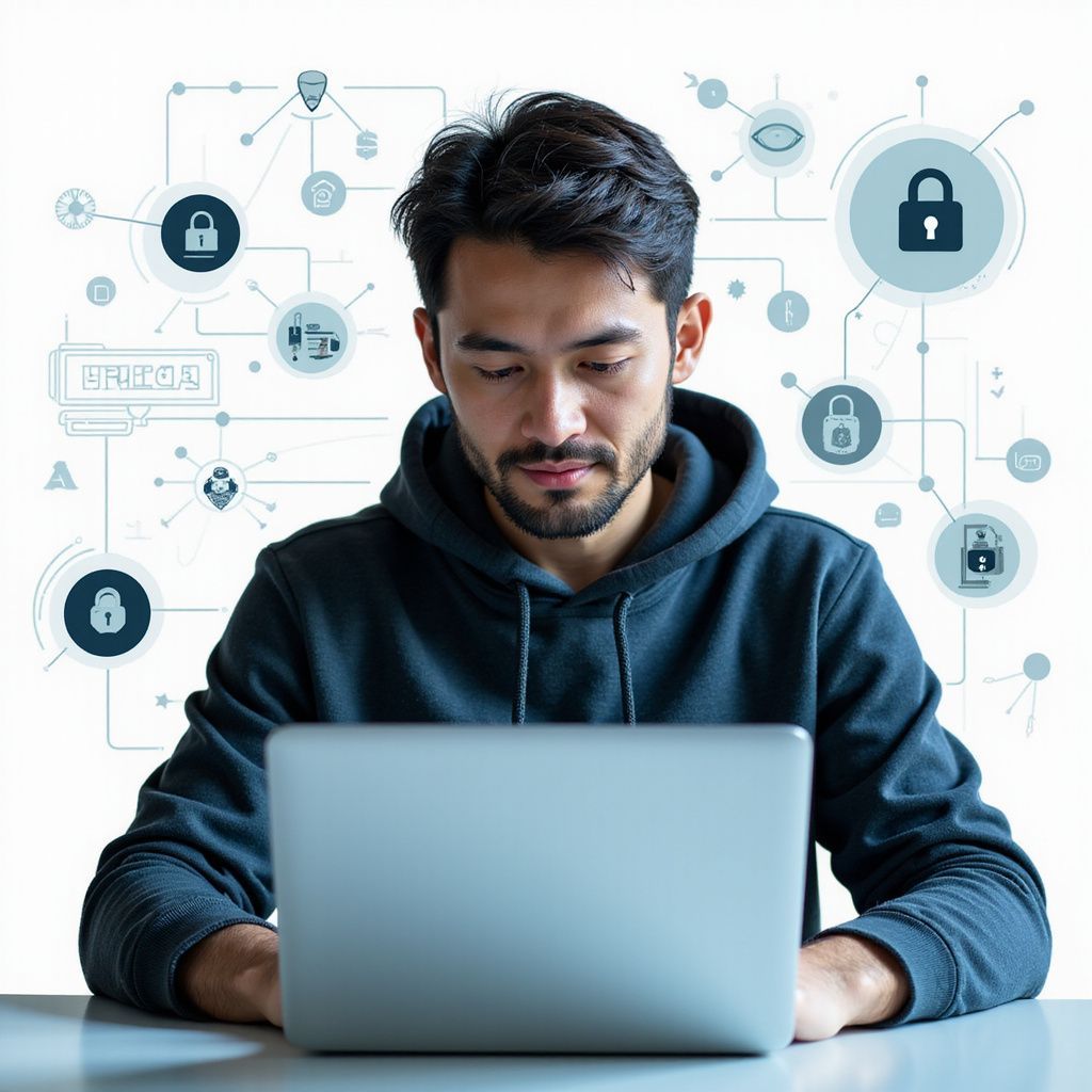 Man in a hoodie working on a laptop, with digital security icons overlaid.