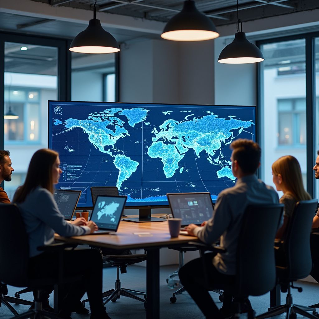 People in a conference room analyzing data on laptops and a world map displayed on a large screen.