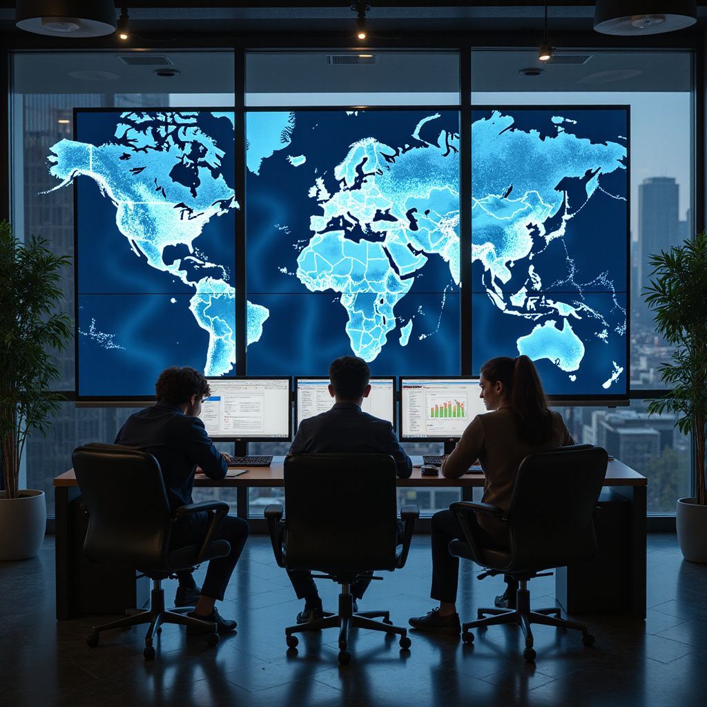 Three people in a modern office monitor data on computers and a large world map display.
