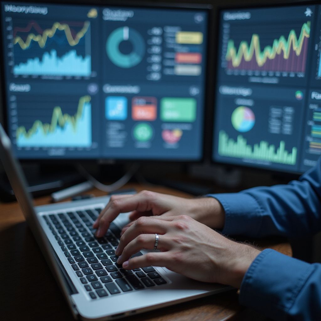 Person typing on laptop, two monitors display data charts and graphs, in a dimly lit setting.