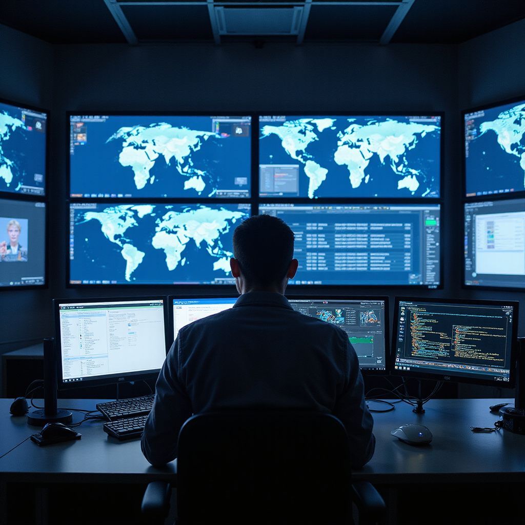 Person in dark room monitors multiple screens displaying world maps and data.