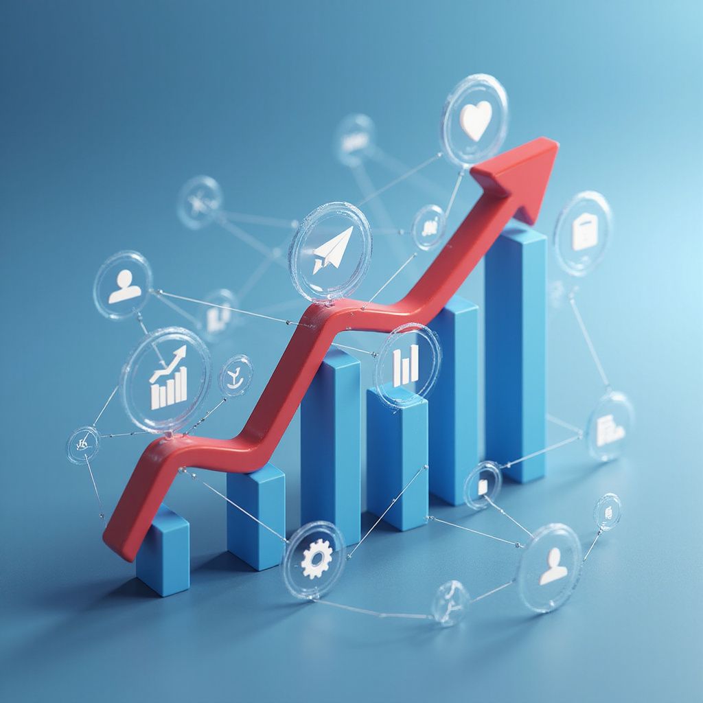 Blue bar graph with a red upward arrow, surrounded by connected icons on a blue background.