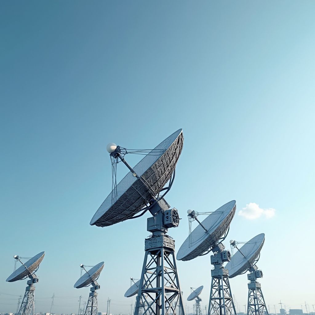 Satellite dishes against a clear blue sky, set on metal towers.