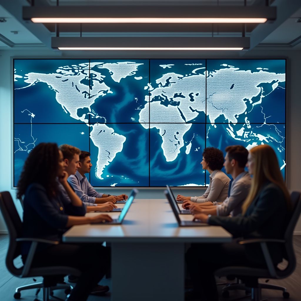 People in a meeting with laptops, looking at a large world map displayed on a wall.