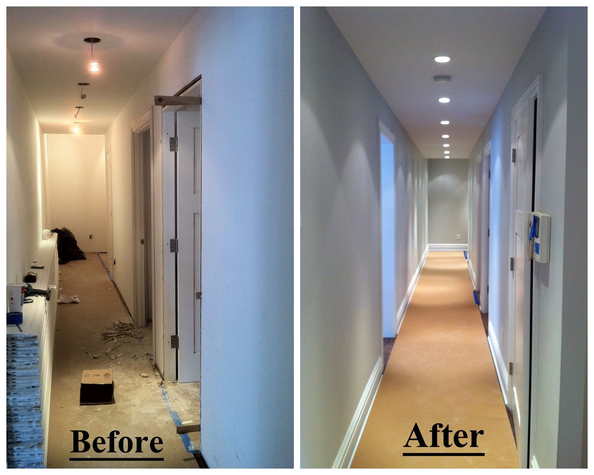A before and after photo of a hallway