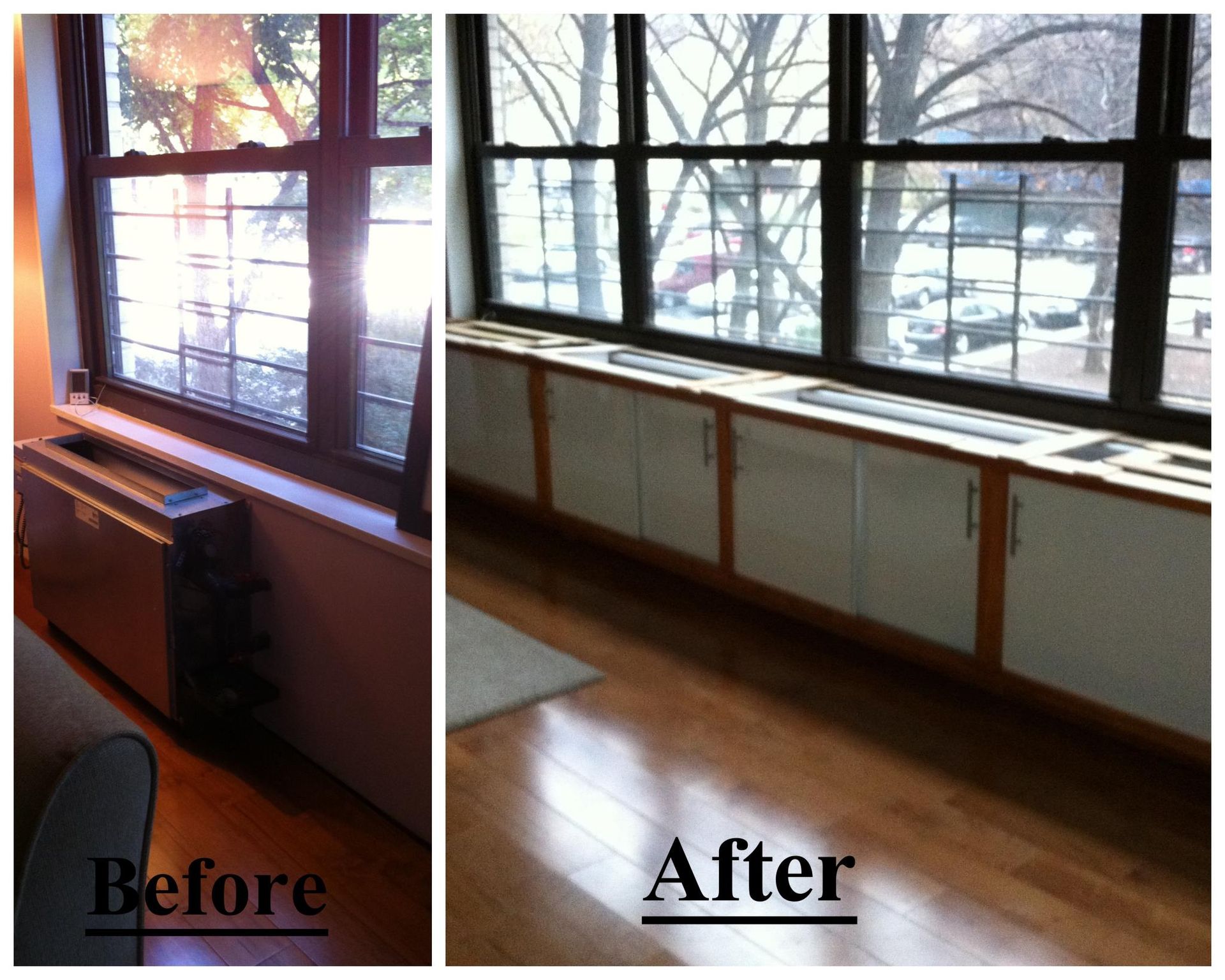A before and after photo of a window sill