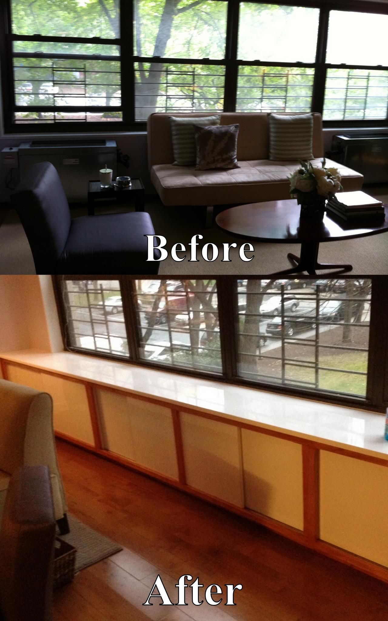 A before and after photo of a living room