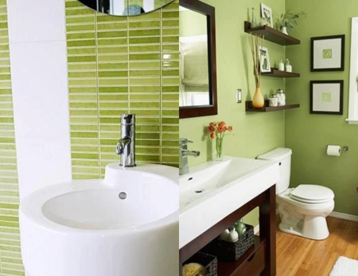 A bathroom with green tiles and a sink and toilet