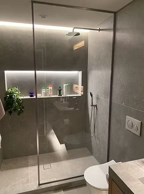 A bathroom with a walk in shower , toilet and sink.