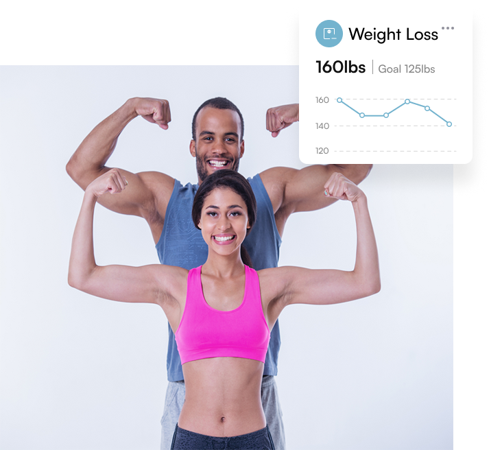 Smiling person holding a scale and an apple, with a weight loss chart showing a goal of 125 lbs.