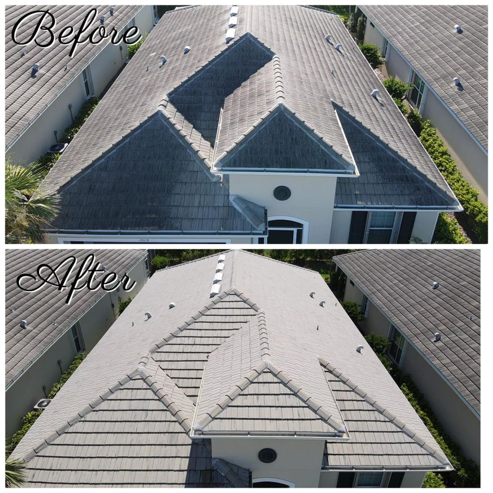 A before and after picture of a house 's roof