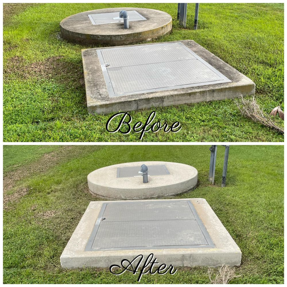 A before and after photo of a septic tank in a grassy field.