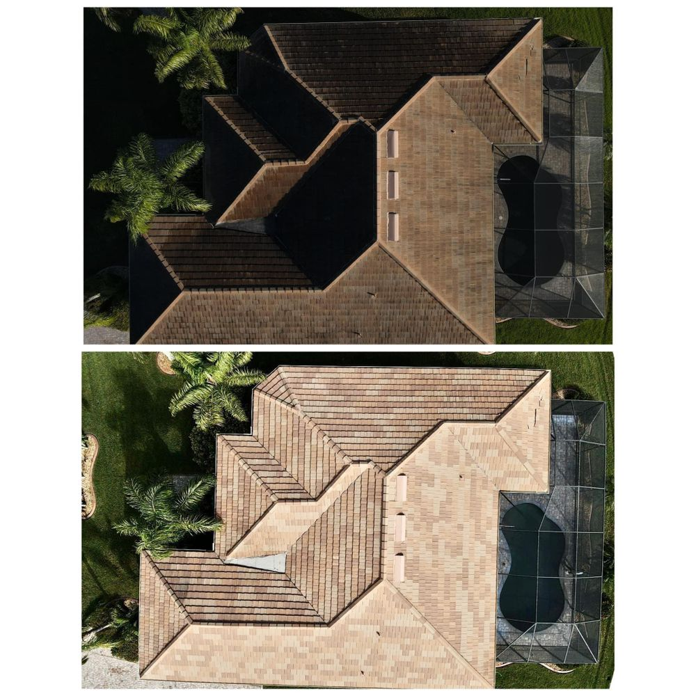 A before and after picture of a house 's roof.