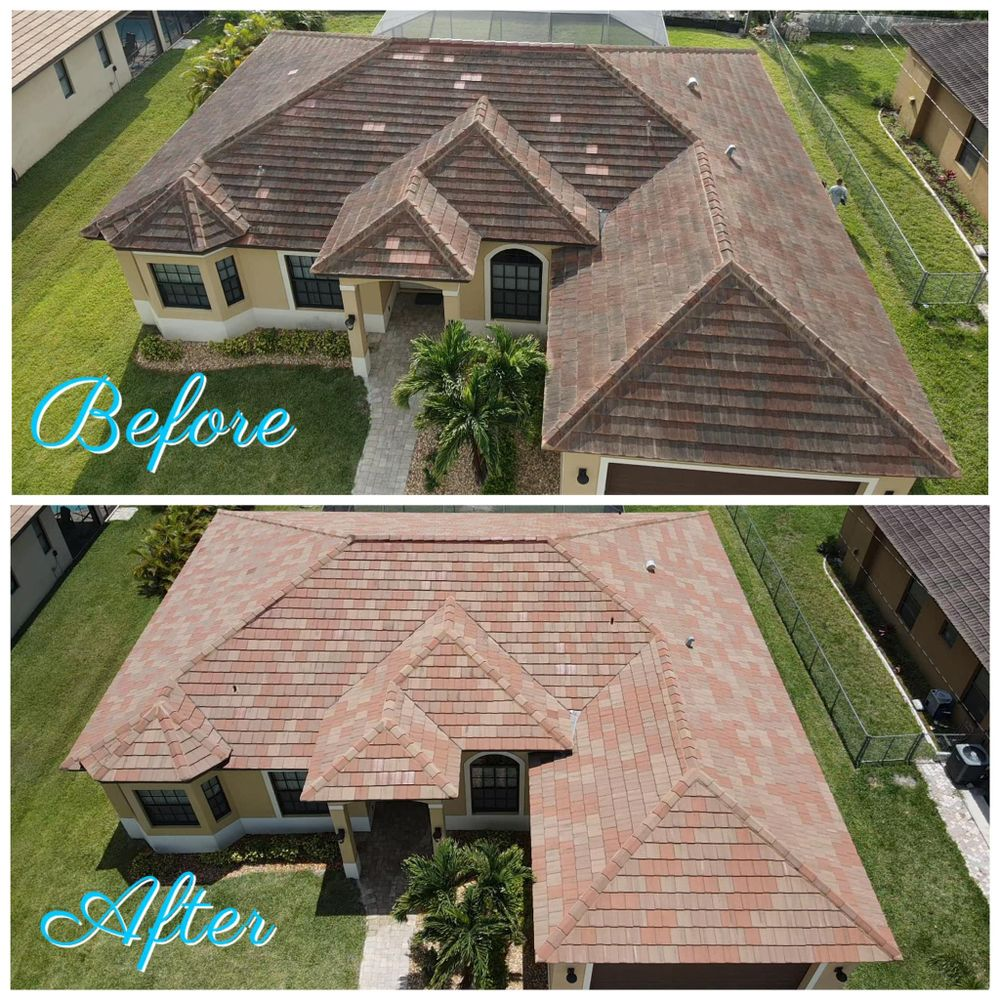 A before and after picture of a house with a tile roof.